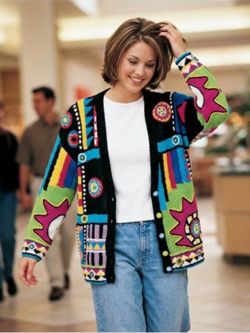 Vintage 90s Clarity Creation 3D Knit Patchwork Cardigan Abstract Art Boho S Rare